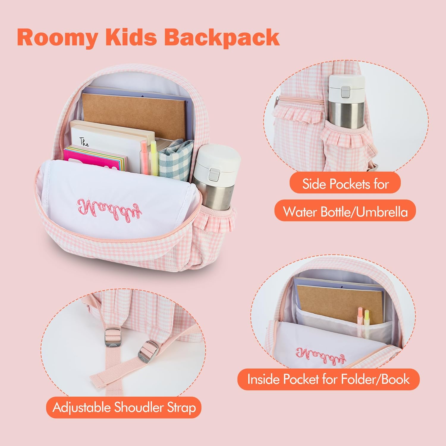 MT WORLD Ruffle Daycare Backpack Personalized Peach Gingham Backpack with Embroidered Name - 12inch Little Dancer Daypack with Lace - Small Daycare Bag for Travel Birthday Christmas Gifts