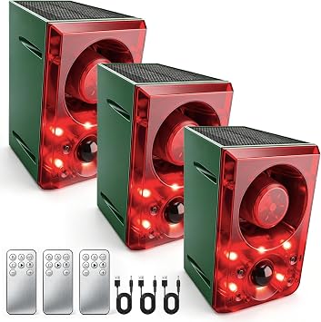 ChunHee Solar Outdoor Motion Sensor Alarm with Dog Barking Gunshot Sound, Support Recording and Adjustable Volume, 130db Loud Noise Maker 3 Work Modes Strobe Light for Home, Villa, Farm, Barn 3pack