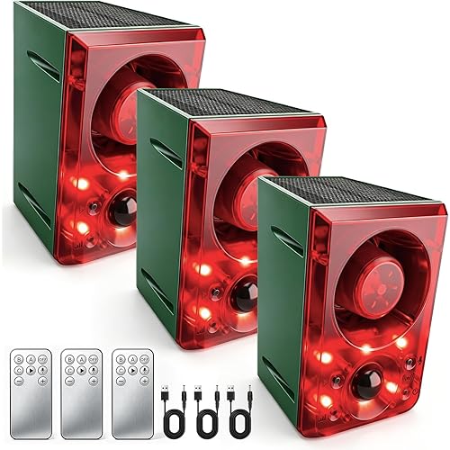 ChunHee Solar Outdoor Motion Sensor Alarm with Dog Barking Gunshot Sound, Support Recording and Adjustable Volume, 130db Loud Noise Maker 3 Work Modes Strobe Light for Home, Villa, Farm, Barn (3pack)