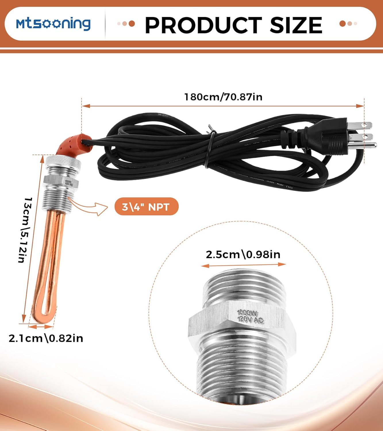 Mtsooning 3500043 Engine Block Immersion Heater Replacement for Ford,Mercury,Lincoln,International,Caterpillar，Detroit Diesel,Hino,Mack,Nissan,3/4" NPT Thread,CSA Approved,120 Volts,1000 Watts