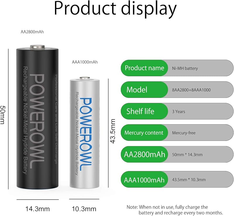 POWEROWL AAA Újratölthető Elemek 1000 mAh - 8 db Ni-MH Akkumulátor Távirányítókhoz, Játékokhoz, Lámpákhoz és Digitális Eszközökhöz