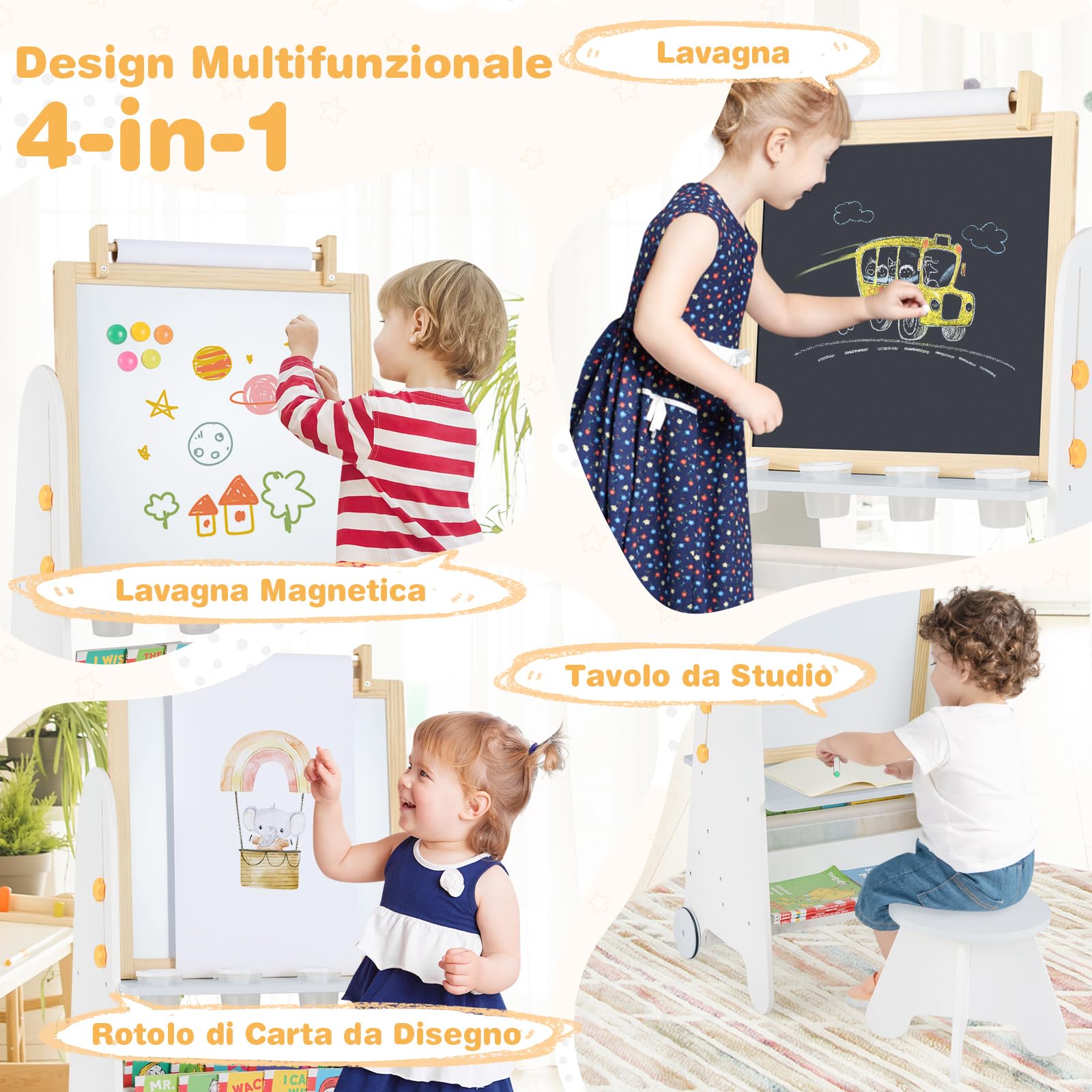 COSTWAY Cavalletto Lavagna per Bambini con Sgabello e Tavolo 4 in 1, Lavagna Magnetica Regolabile in Altezza con Rotolo di Carta e 4 Tazze di Vernice, Cavalletto a Ruote con Gessi e Cancellino