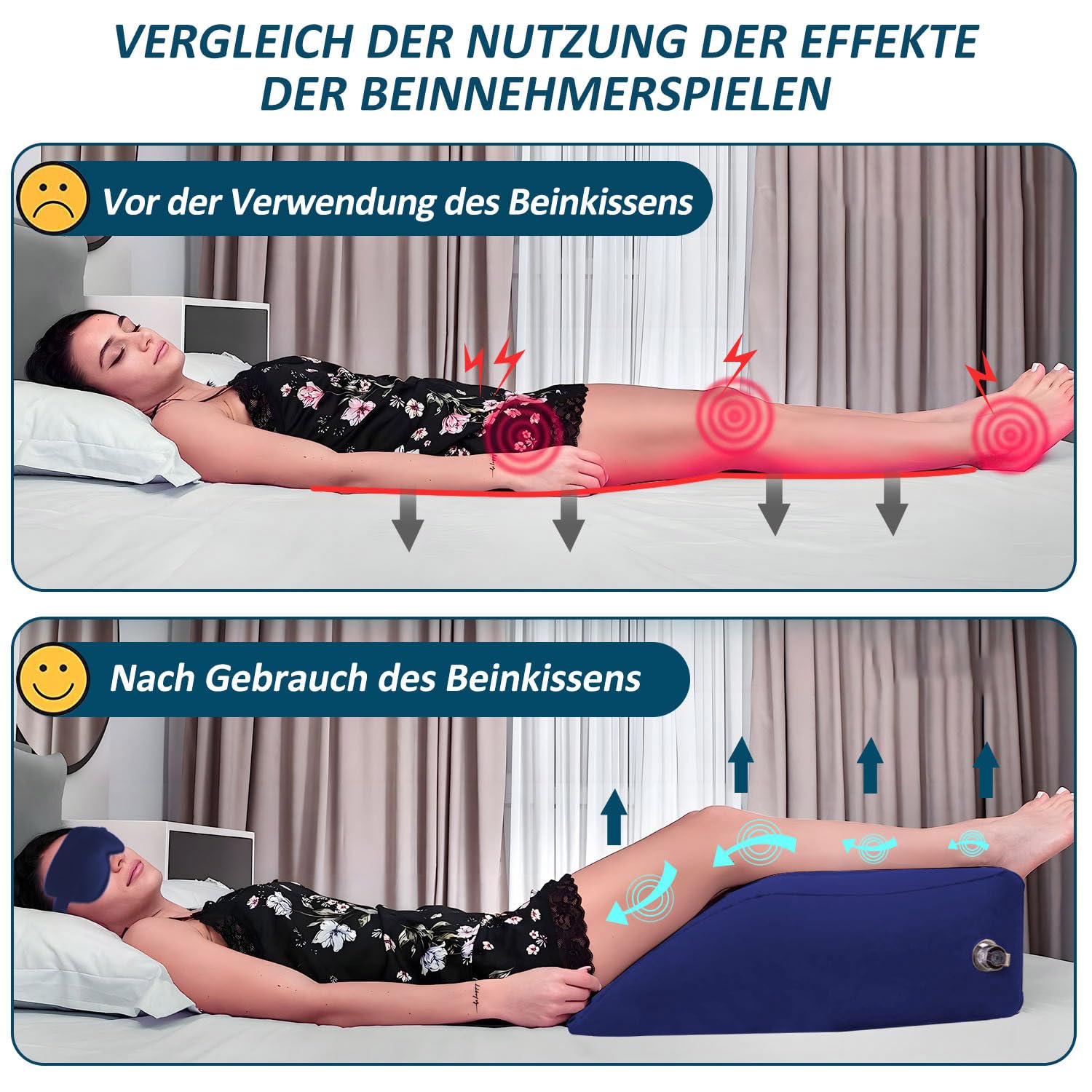 LuxoCare Cuscino Gonfiabile per Gambe - Cuscino a Cuneo con Mascherina per Dormire per Dormire Migliora il Sonno e Circolazione per Amanti dello Sport, Viaggiatorie e Stanchezza alle Gambe (Blu)