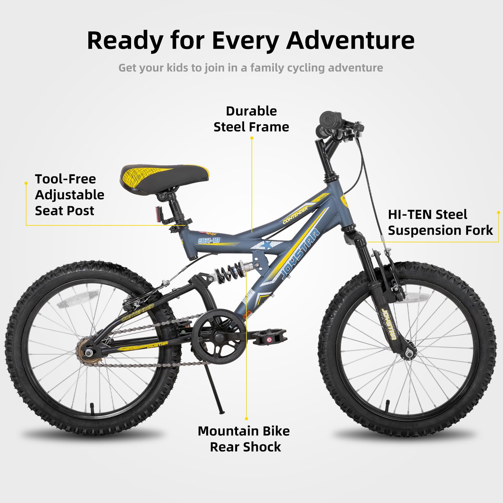 JOYSTAR mountain bike per bambini 20 pollici per ragazzi e ragazze dai 7 ai 13 anni, bici per bambini con telaio in acciaio a sospensione totale e trasmissione a 1 velocità con cavalletto.