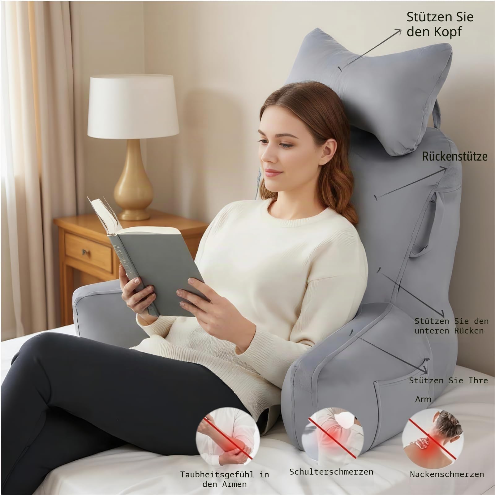 Lesekissen für Erwachsene mit Armstütze und abnehmbarem Nackenkissen – Weiches Velours-Rückenkissen zum Lesen, Fernsehen oder Spielen, mit Seitentaschen und waschbarem Bezug.