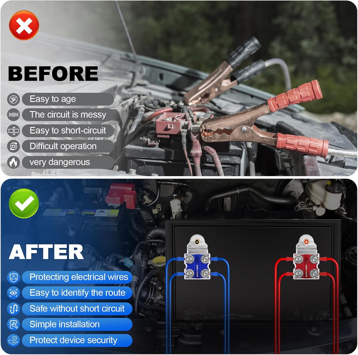8-Way Lead-Acid Battery Terminal Connectors, Positive and Negative Set, Compatible with 8AWG-4/0 (XL) AWG Wires & SAE/DIN/EN Tapered Top Post for Automotive Batteries