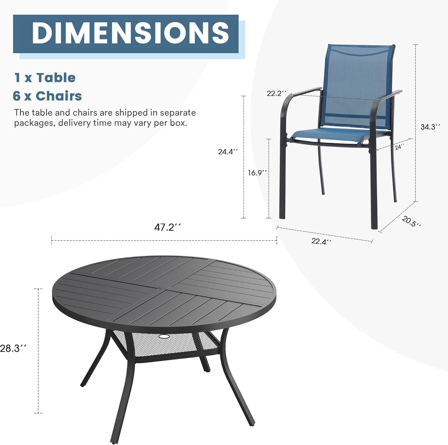 DIFY Patio Dining Set for 6, 7 Piece Outdoor Table and Chairs Set, 47.2" Black Round Metal Patio Dining Table and 6 Blue Textilene Stackable Patio Chairs, for Backyard Garden Poolside