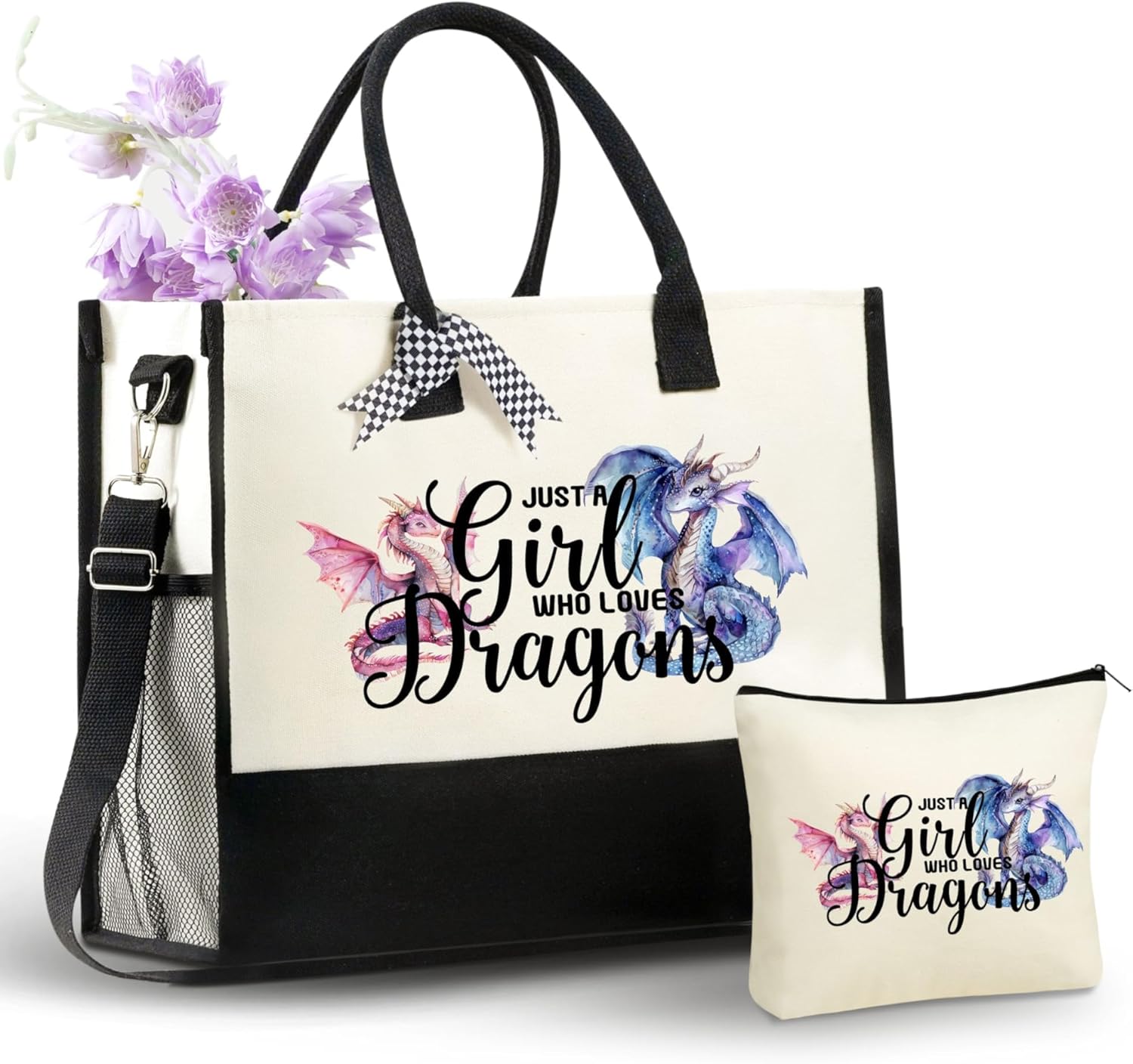 InnoBeta Dragon Gifts for Girls, Canvas Tote Bag, with Top Zipper Closure and Shoulder Strap, Gifts for Dragon Lovers on Birthday, Christmas