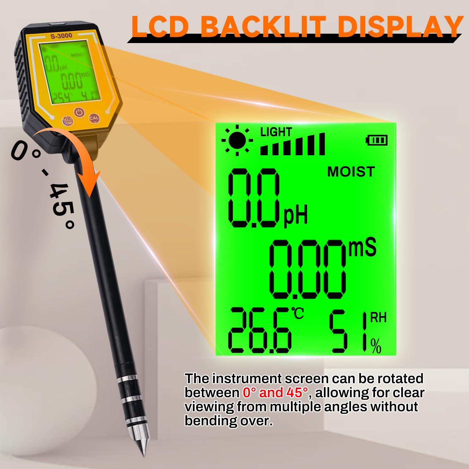 6 in 1 Misuratore PH Terreno Igrometro per Piante Misuratore umidità Terreno Sensore umidità Terreno Fotometria Solare/PH/EC/Temperatura/umidità del Suolo/umidità dell'Aria Display LCD.