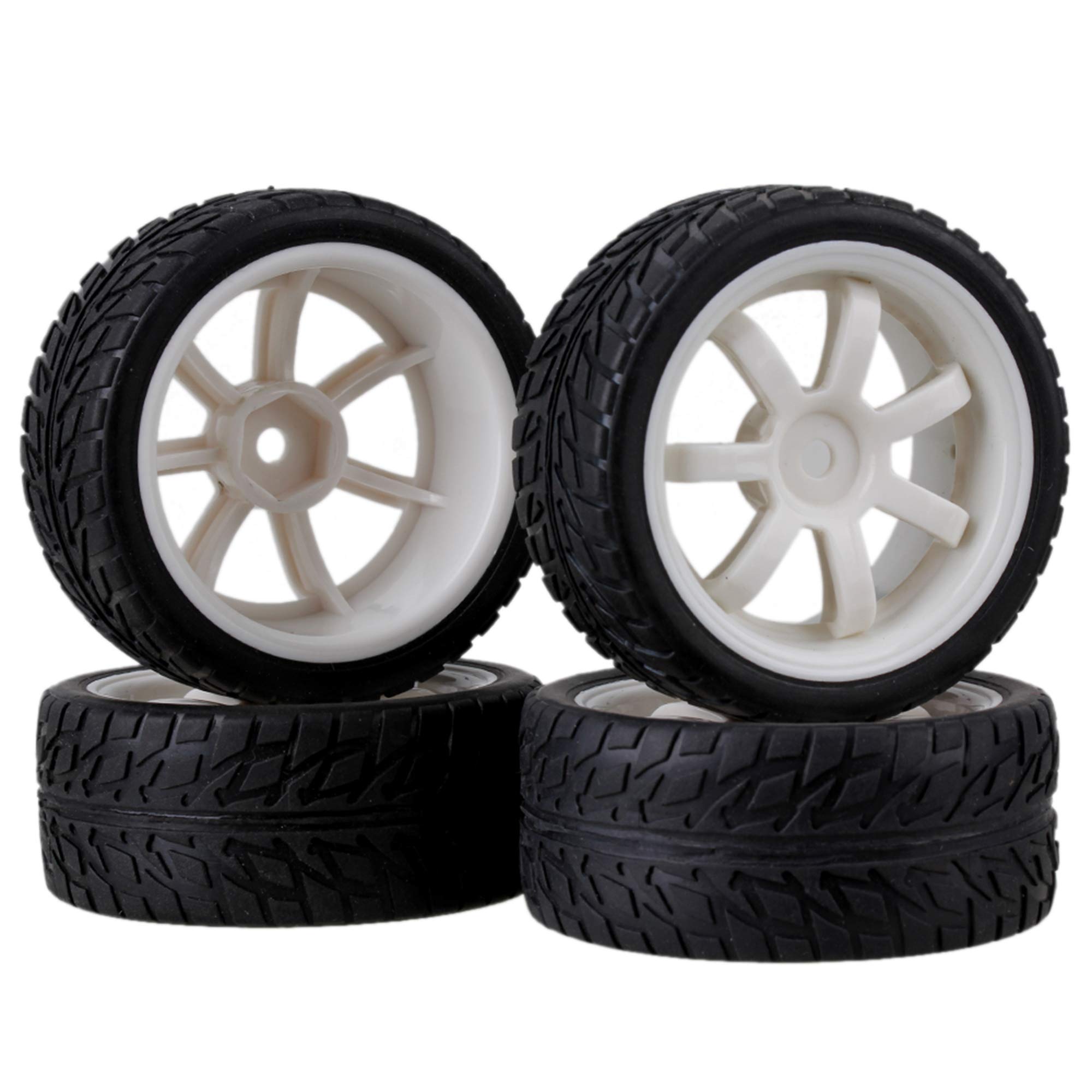 BQLZR RC 1:10 On-Road Car Black Flame Pattern Rubber Tyre & White Plastic 7-Spoke Wheel Rim 12mm Drive Hex Pack of 4