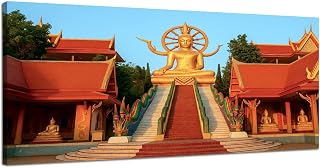 Large Canvas Wall Art for Bedroom Thailand Wat Phra Yai Big Buddha Temple Samui Framed Art Prints Wall Decor for Bathroom Ready to Hang Western Home Decor 30''x60''