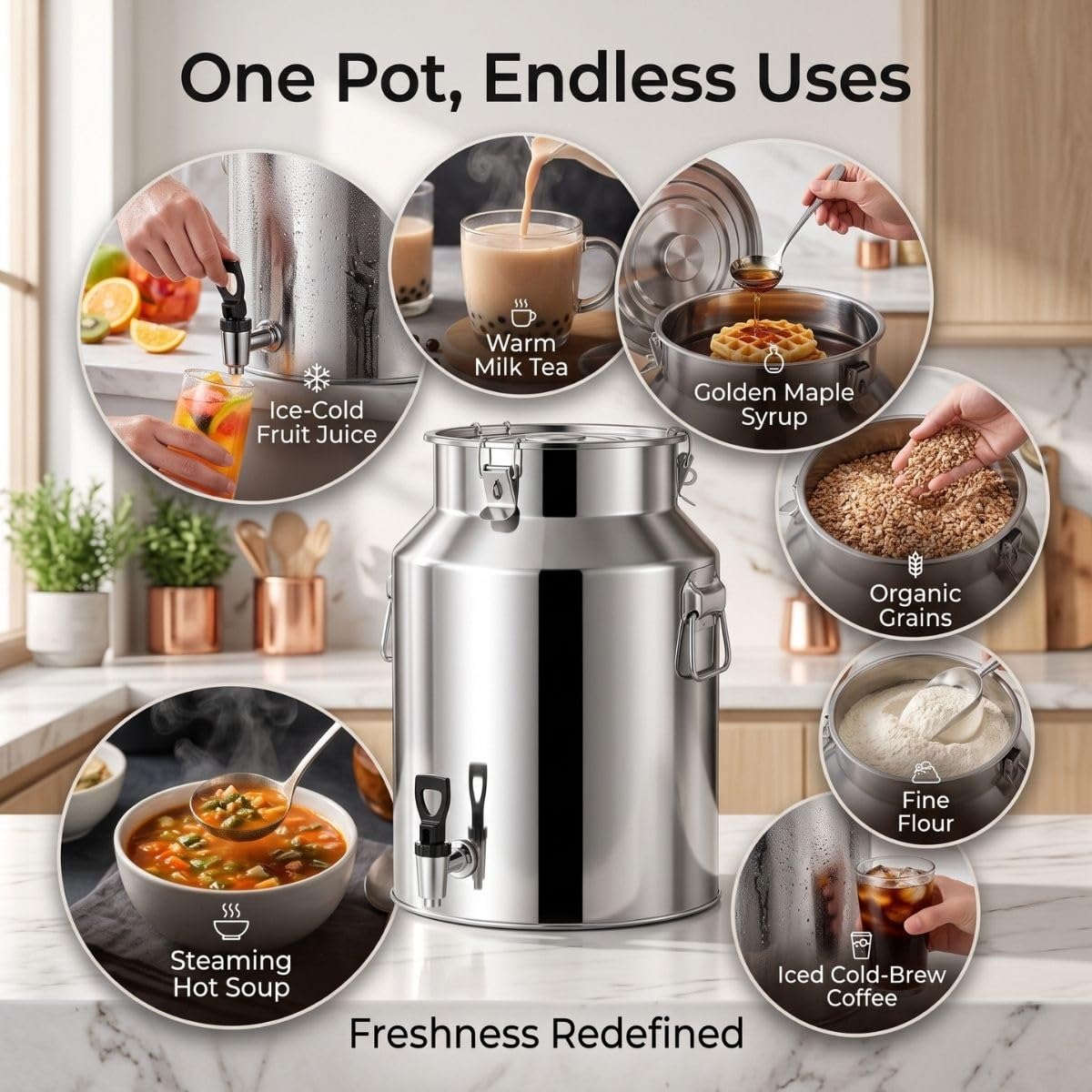 Contenitore per Latte in Acciaio Inox, Bidone Alimentare con Rubinetto | Tanica Ermetica Antiperdita per Olio Vino Acqua, Lattina con Coperchio per Cucina Fattoria Bar(No Spigot,64L/16.91Gal)