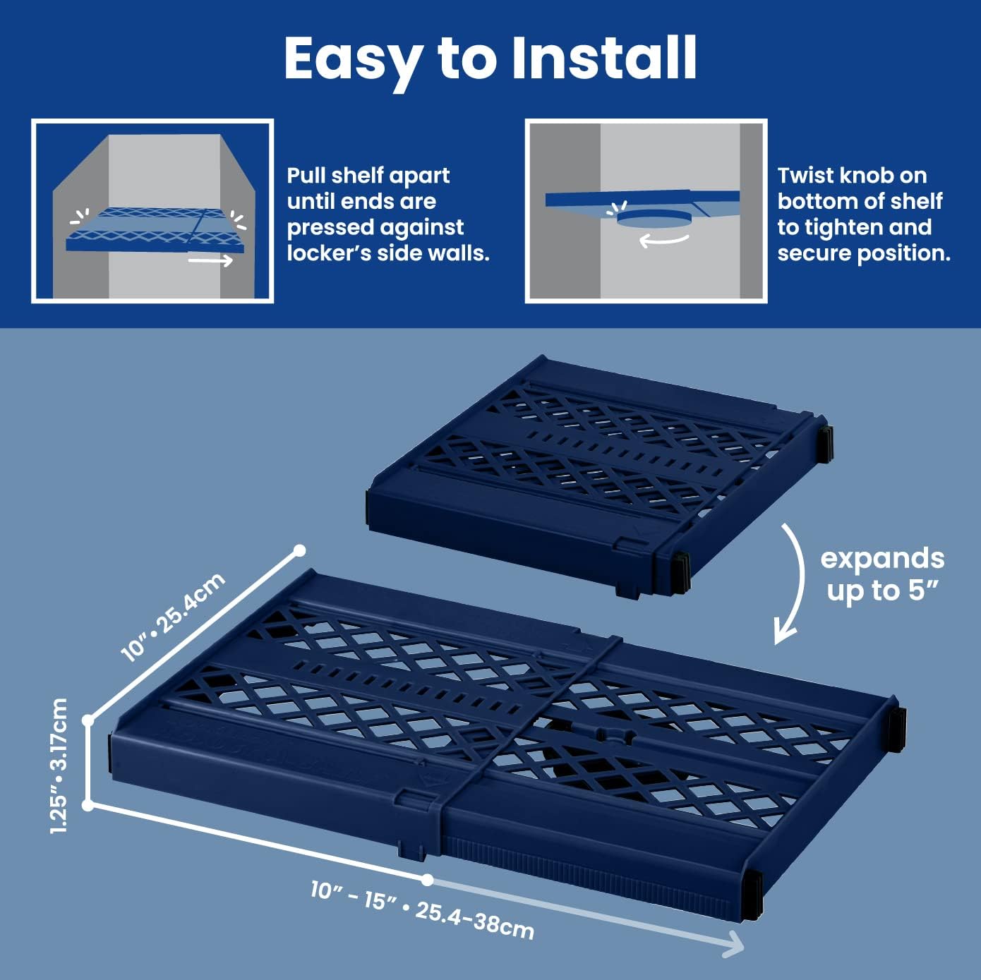 LockerMate Adjust-A-Shelf Locker Shelf, Extends to Fit Your Locker, Easy to Use, Perfect for School, Office, Gym, Blue, 2-Pack