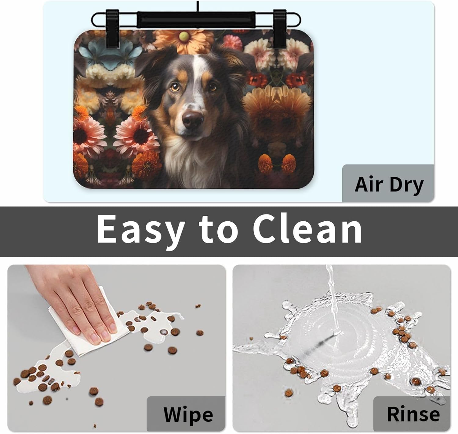 40x60cm Pet Absorbent Feeding Mat - Cute Dog with Flowers Print Leather Non-Slip Placemat, for Dog Cat Food and Water Bowl Pads