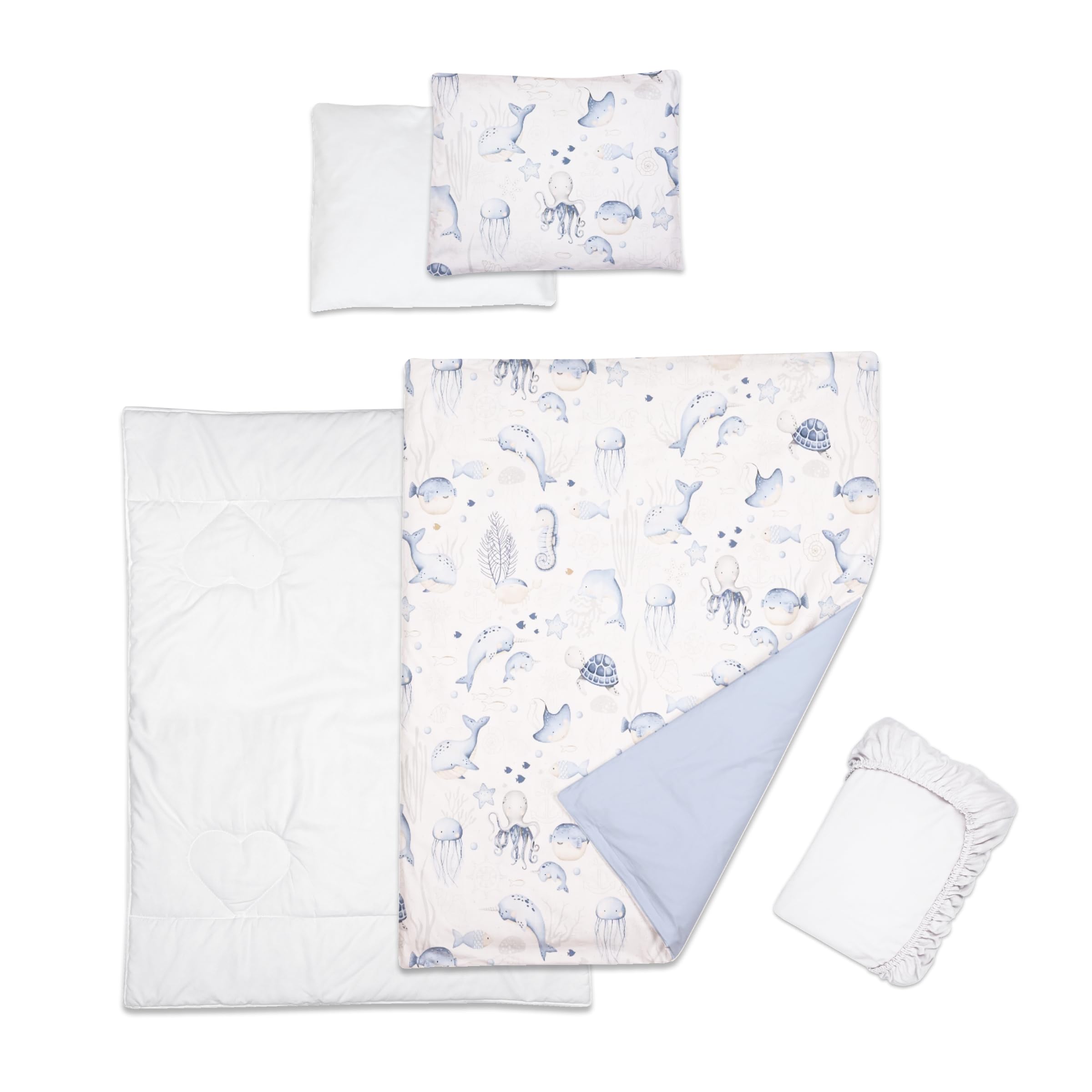 Baby Comfort 5 Piece Toddler Bedding Duvet Pillow with Covers & Jersey Sheet fits 100x50cm Travel Cot 12M+ (Ocean)