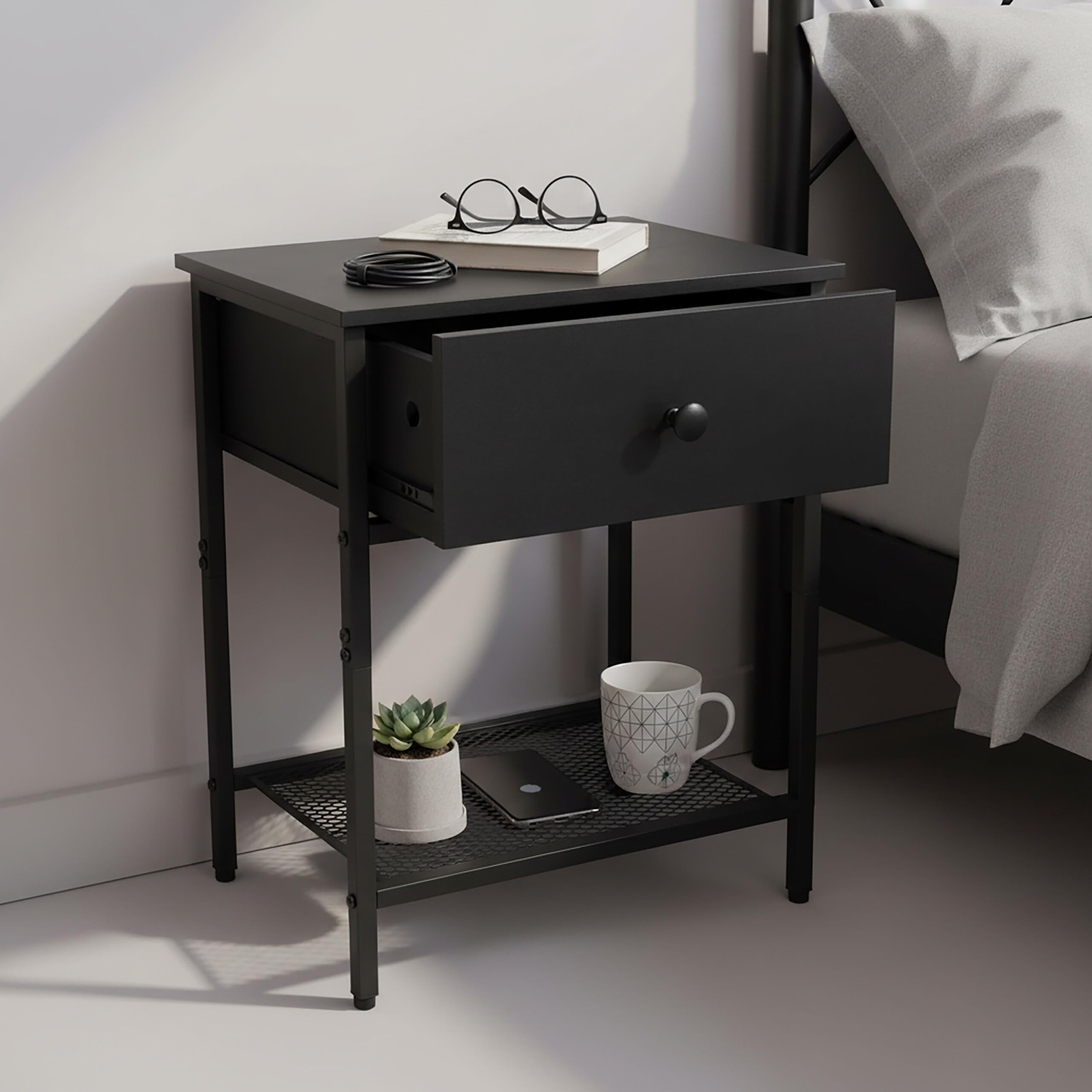 Relaxdays 2X comodini, cassetto & ripiano, HxLxP: 55x40x30 cm, Metallo/Effetto Legno, Nero, Camera