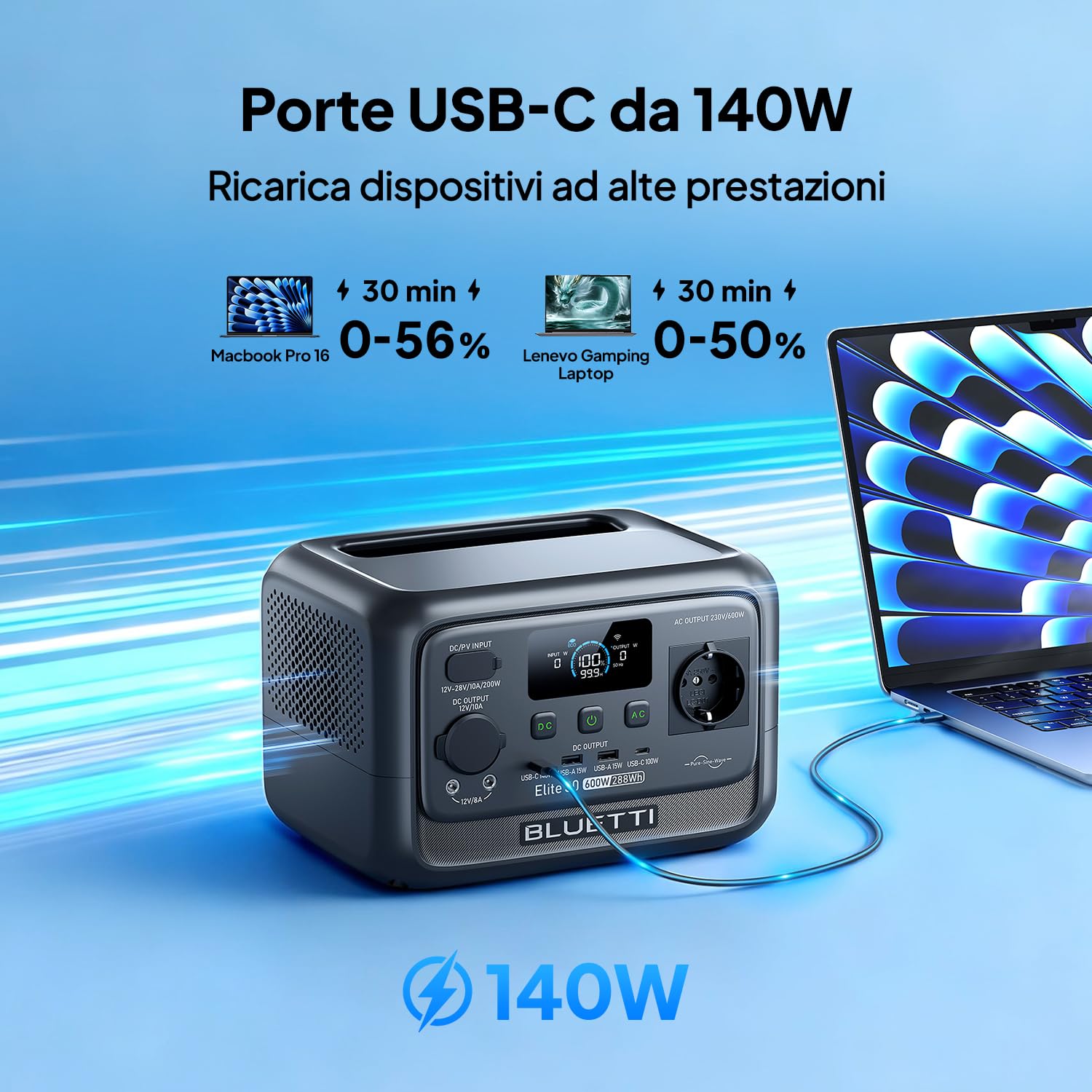BLUETTI Stazione di Energia Portatile Elite 30 V2, Batteria LiFePO4 da 288Wh, Uscita CA da 600W (Picco 1500W), Ricarica Totale in 70 Minuti, Ideale per Campeggio, Viaggi, Interruzioni di Corrente