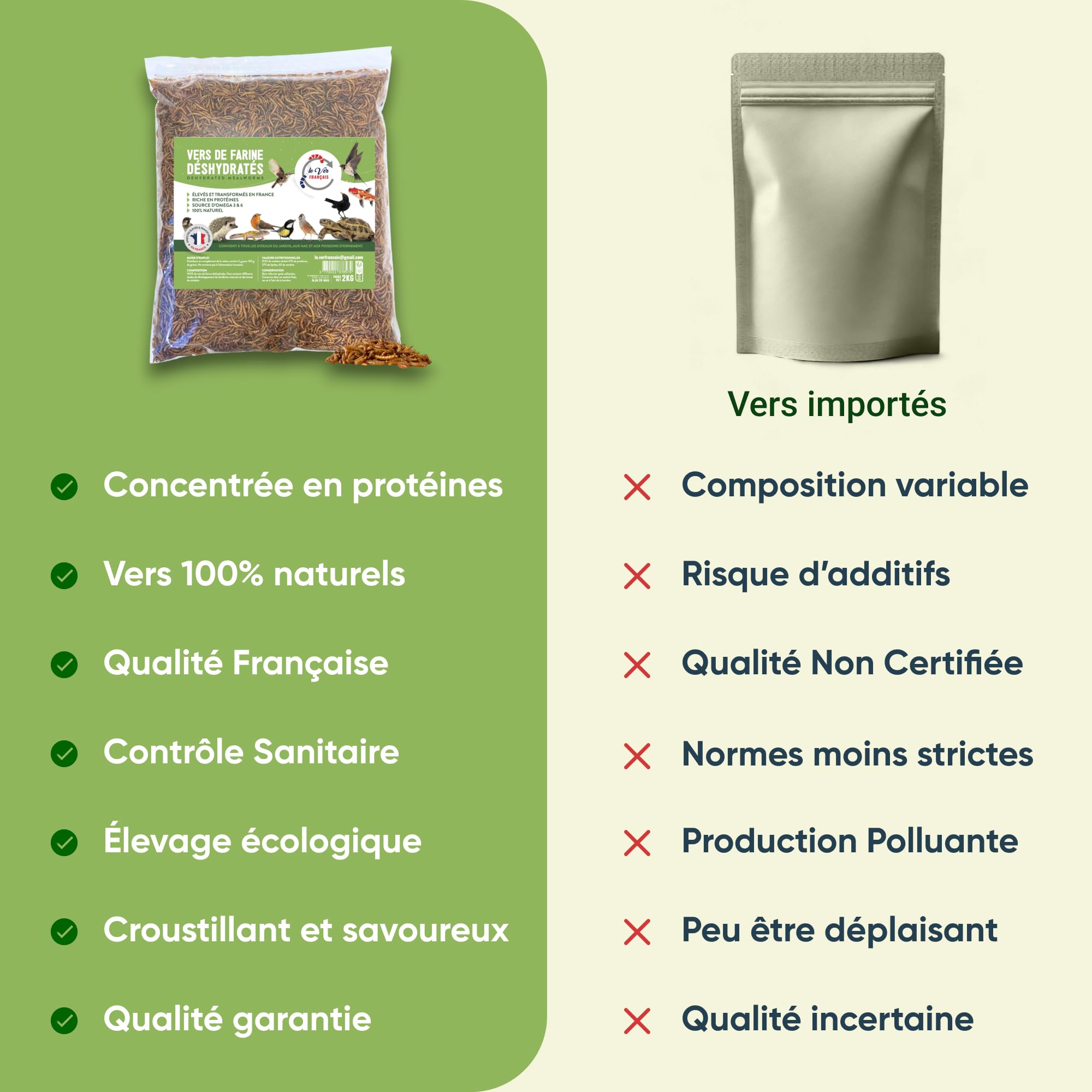 vers de Farine pour Poules 2kg - Élevés Et Séchés en France - Riche en Protéines 55% - Nourriture 100% Naturelle pour Oiseaux, Hamster et Reptiles - Complément Alimentaire Animaux