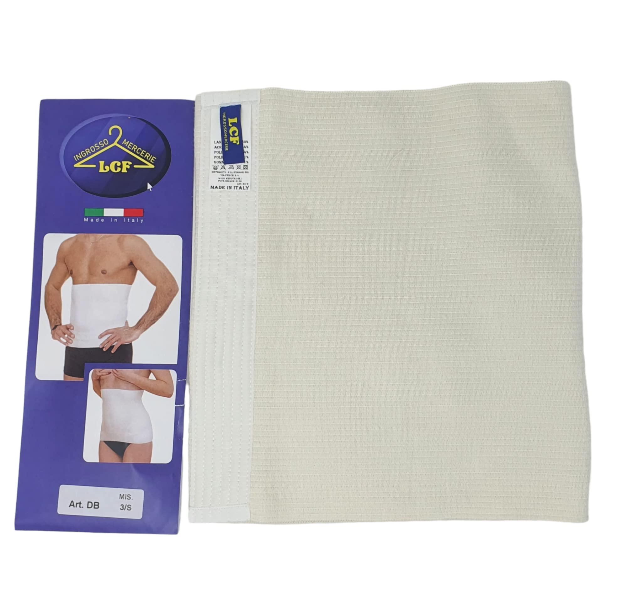 Faja lumbar moldeadora y contenitiva de lana 50% y acrílico 50%, unisex, fabricada con materiales fabricados en Italia., Color blanco., XXXL