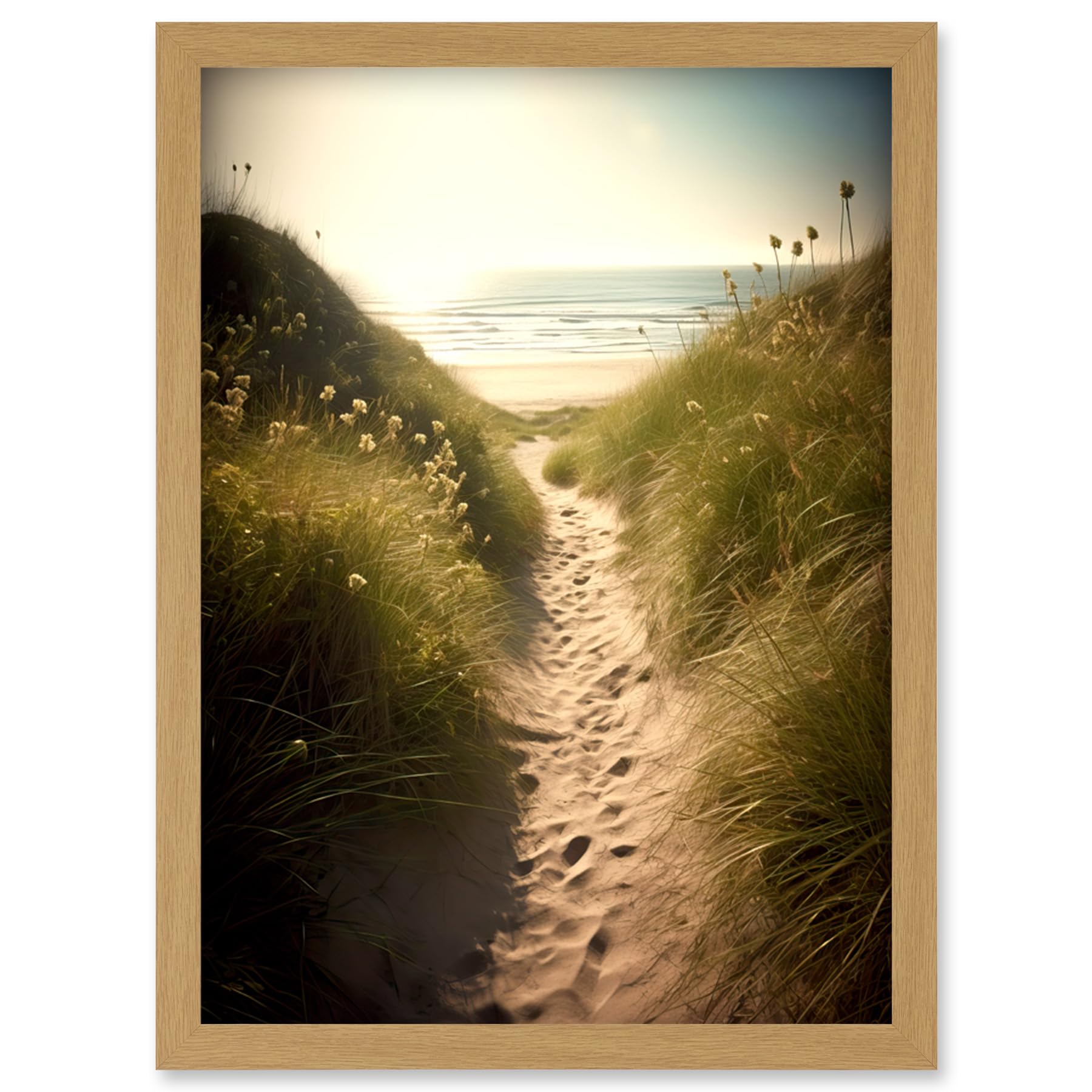 Artery8 Summer Beach Path Photograph Bright Sunny Sandy Coastal Landscape Seascape Artwork Framed Wall Art Print A4