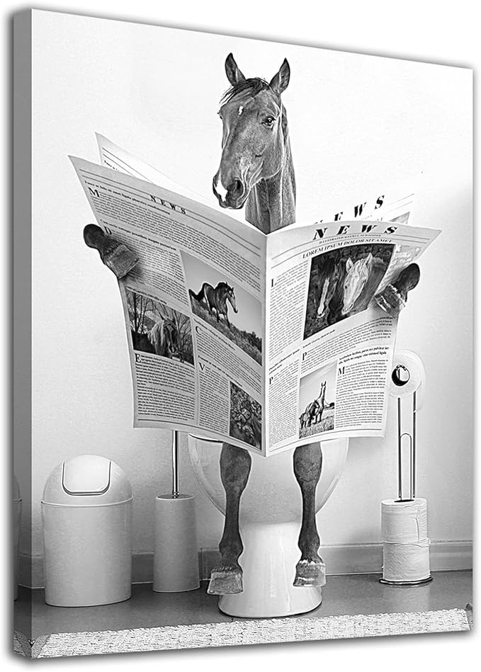 Funny Horse Bathroom Canvas Wall Art Black and White Fun