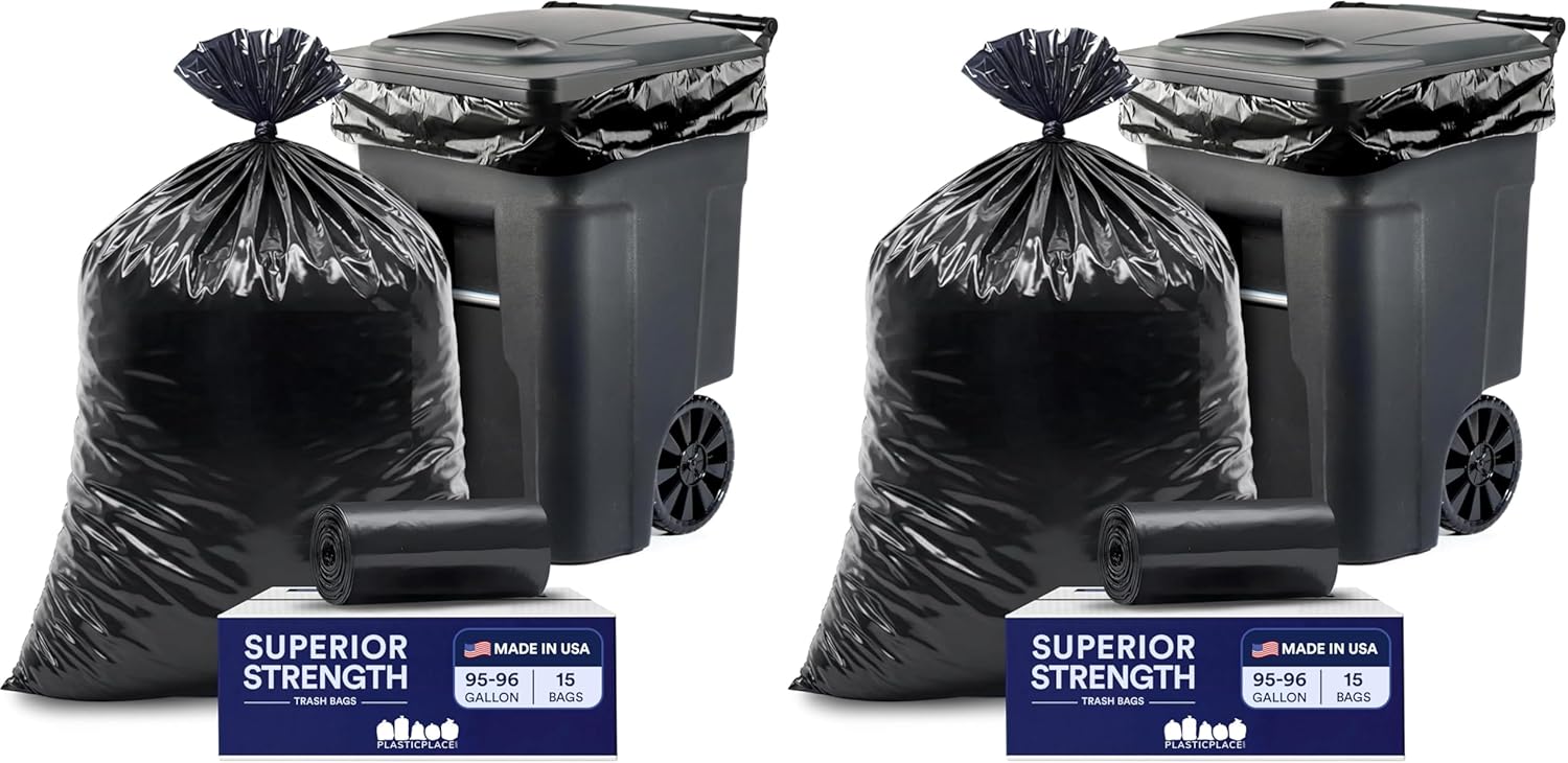 Plasticplace 95-96 Gallon Heavy Duty Black Trash Bags - Contractor Grade,Extra Large Garbage Bags for Construction & Outdoor Trash Cans,1.2 Mil Thick,61” x 68” (Roll),15 Count (Pack of 2)