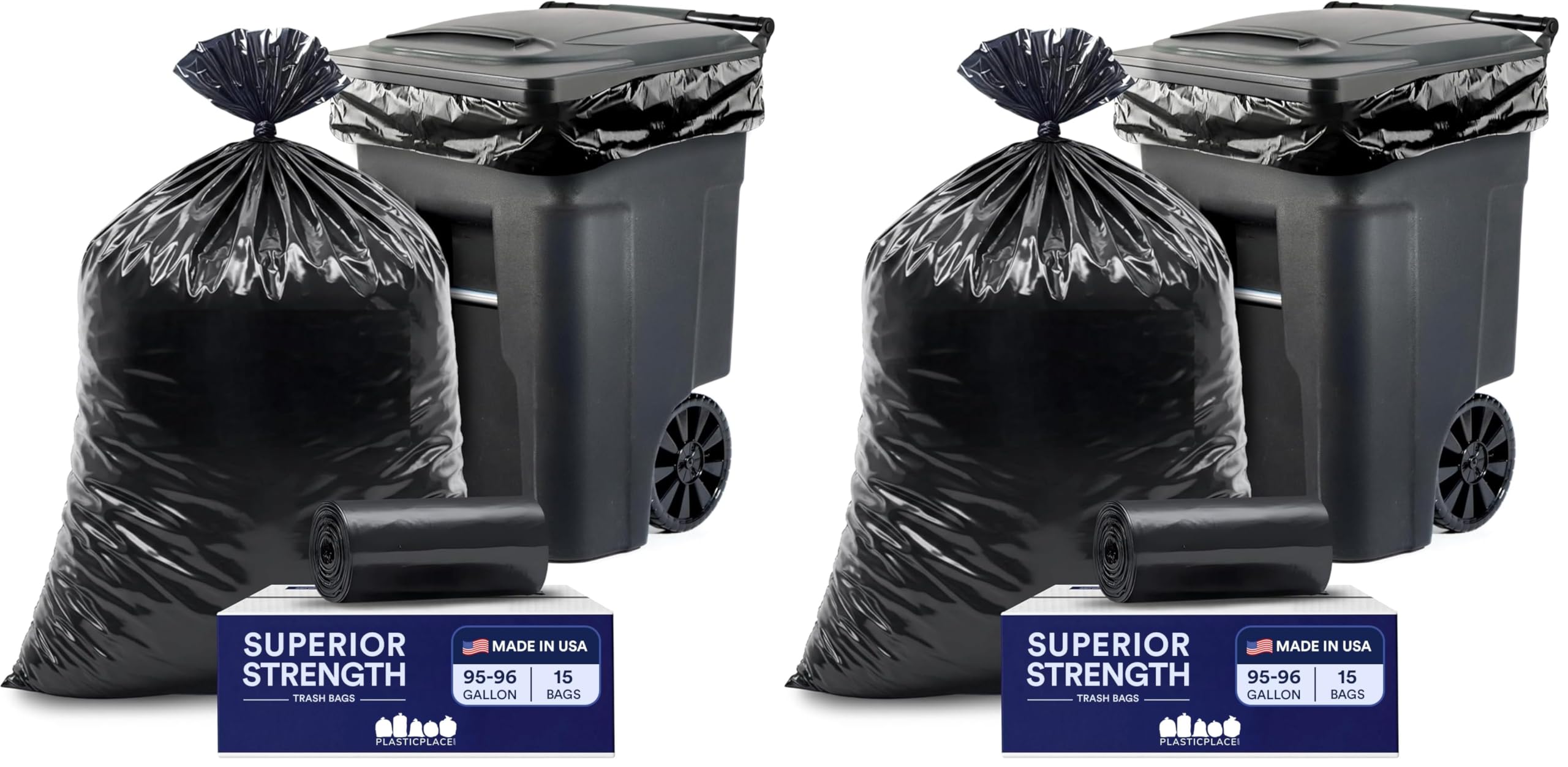 Plasticplace 95-96 Gallon Heavy Duty Black Trash Bags - Contractor Grade,Extra Large Garbage Bags for Construction &amp; Outdoor Trash Cans,1.2 Mil Thick,61” x 68” (Roll),15 Count (Pack of 2)
