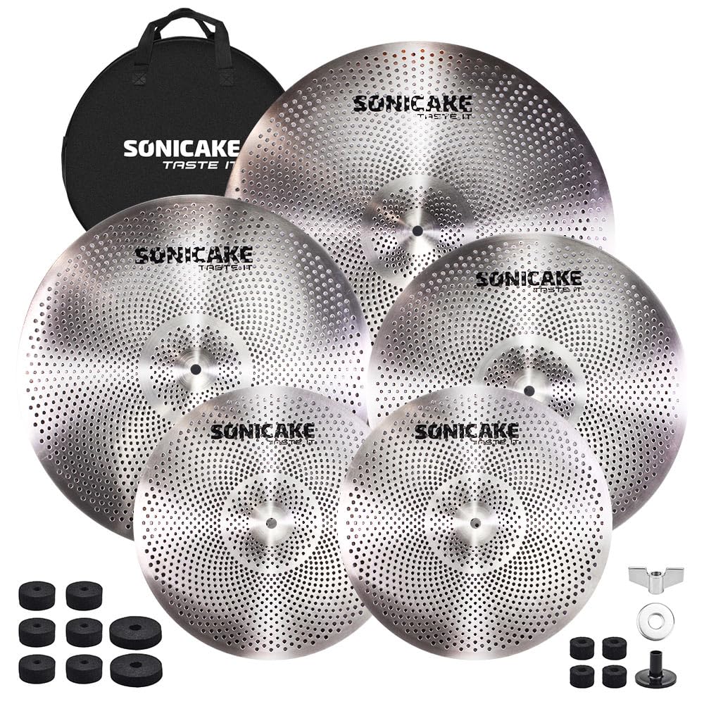SONICAKE Juego de platillos de bajo volumen 14" HiHat+16" Crash+18" Crash+20" Ride Cymbal Set Plata 5 piezas con bolsa de cadera y accesorio
