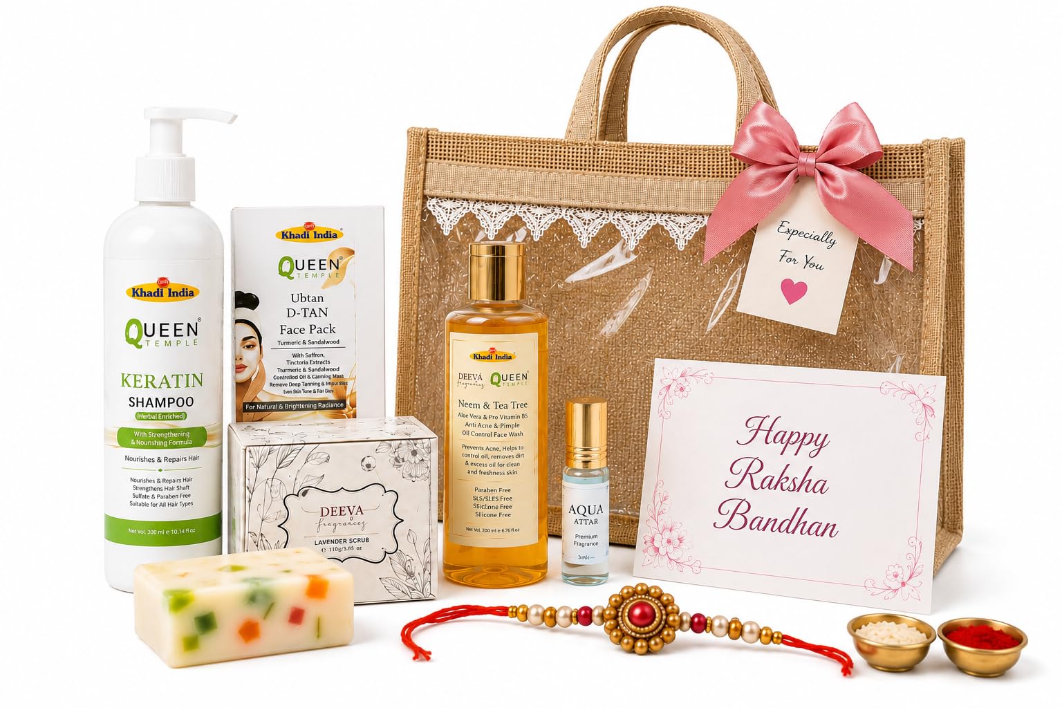Khadi India Premium Rakhi Self Care Gift Unisex Hamper By Queen Temple| Premium Set with Keratin Shampoo 300ml, Papaya Facewash 210ml,Glycerine Soap Pack of 3(125gm Each) Ubtan D-Tan Face Pack 15g, Goat Milk Soap 100g, Oudh Attar 3ml & Reusable Jute Gift Bag + Free Rakhi Inside | Raksha Bandhan Gift for Brothers, Sisters-image-6