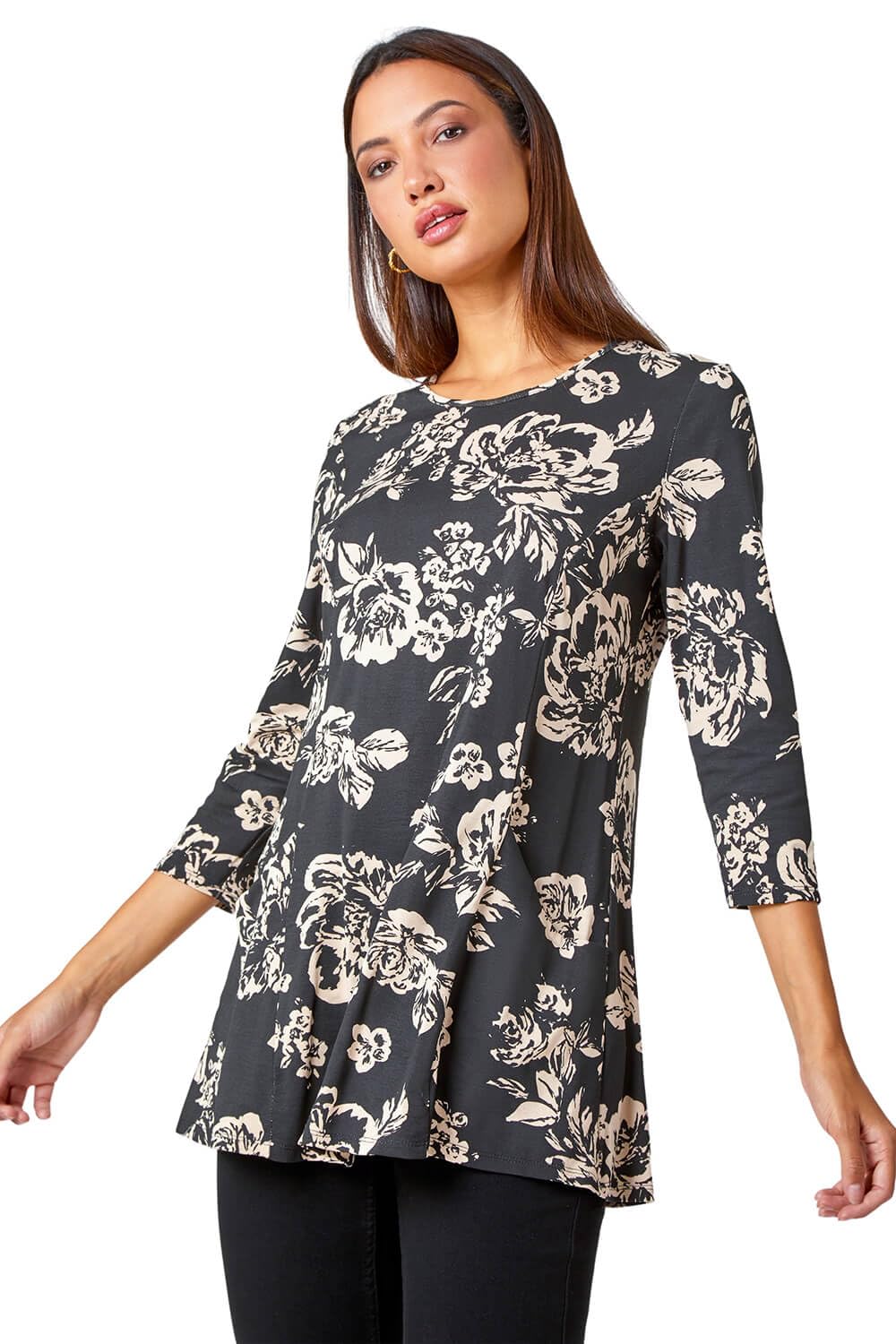 Roman Originals Women's Black Cream Swing Top With Pockets For Uk Hanky Hem Asymmetric Tunic Blouse Longline Long Stretch Jersey Casual Round Necktee Shirt T-Shirt - Size 12