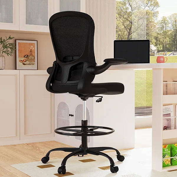 Drafting Chair, Tall Office Chair with Flip-up Armrests Executive Ergonomic Computer Standing Desk Chair, Office Drafting Chair with Lumbar Support and Adjustable Footrest Ring