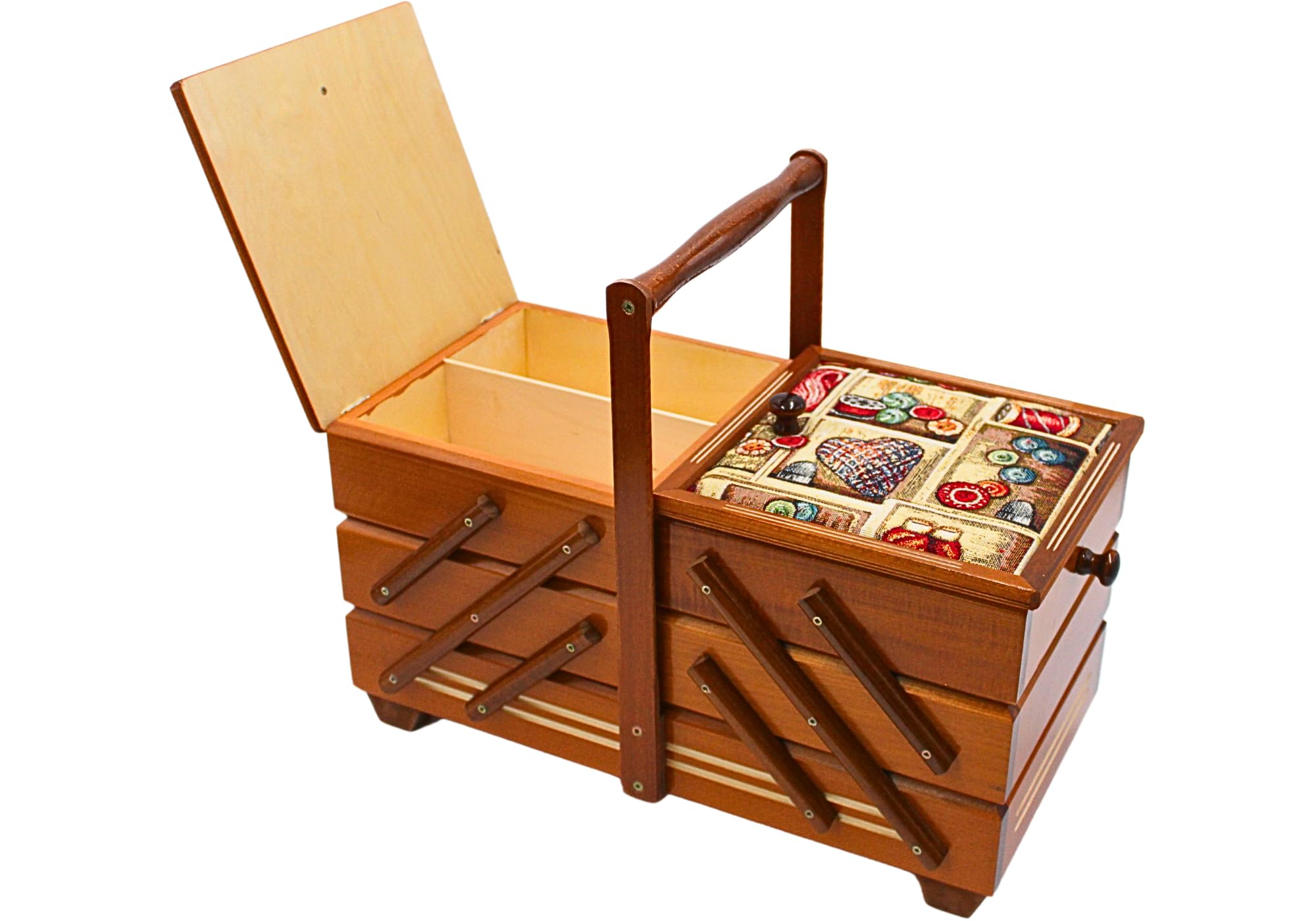 Boîte à couture de qualité supérieure en bois plaqué avec 7 compartiments et housse en tissu - Motif aiguilles en acajou - Dimensions (L x l x H) : 42 x 20 x 21 cm