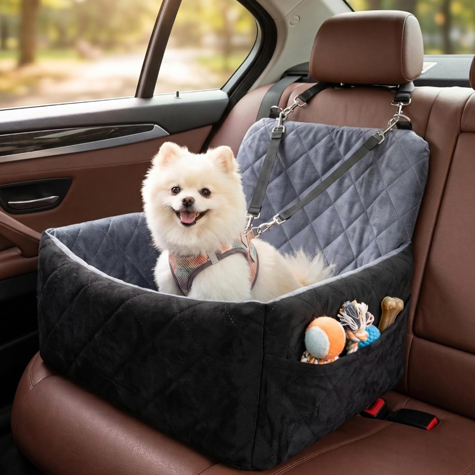 Hunde Autositz für kleine bis mittlere Hunde, Waschbares mit Aufbewahrungstaschen Memory-Schaum Hundebooster rutschfeste Unterseite & 2 Sicherheitsgurte, Reise-Hundebett für Vordersitz und Rückbank