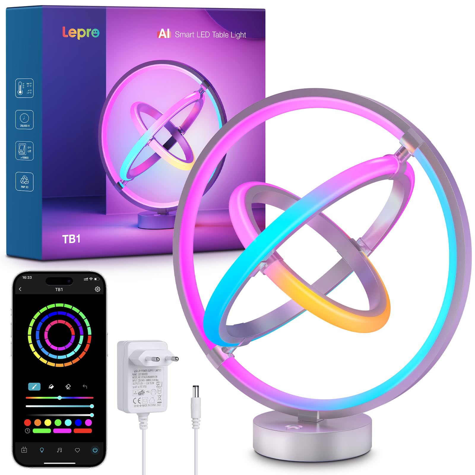 Lepro TB1 AI Lámpara de Mesa Inteligente, Lámpara de Noche Moderna MagicColor, Sync de Música y Control de Voz, Funciona con Alexa y Google Assistant, Diseñador de Iluminación AI Personalizado