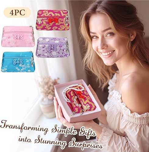 Miniatura 7 de kilofly - Juego de 4 bolsas de regalo de brocado de seda china con 2 cremalleras bolsa de regalo