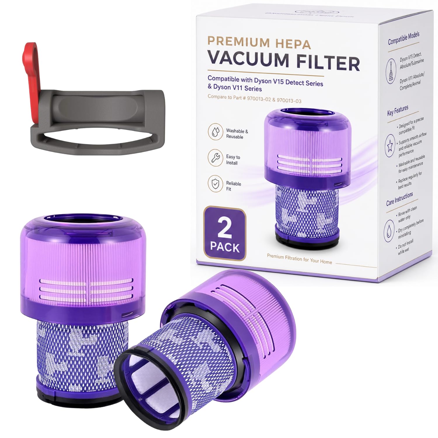 Dyson V11 Filter, 2-Pack Premium True HEPA Replacement Filters for Dyson V11, V11 Animal, V11 Completed/Absolute, Dyson-V15, V15 Filter, V15 Absolute/Submarine with Trigger Clamp, Part no. 970013-02