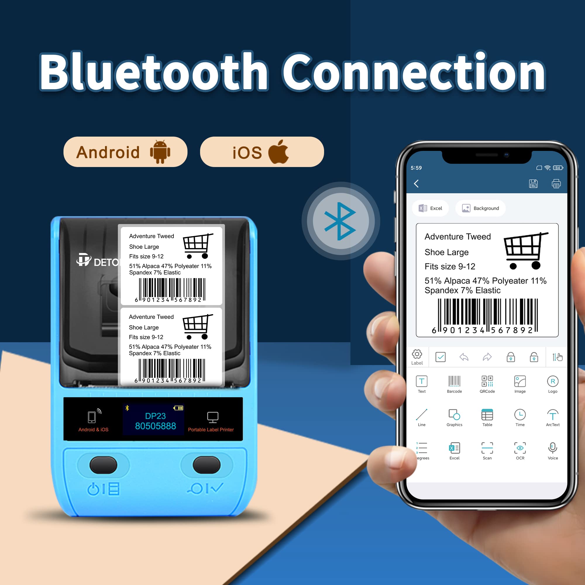 DETONGER Label Maker DP23 Thermal Portable Bluetooth Barcode Label Maker with 1 Pack 50x30mm Label Sticker for Home Office Organization Commercial Use, Android & iOS,Blue