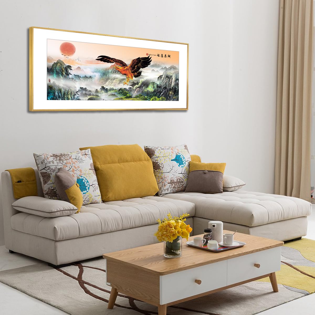 Eagle Mountain Sunrise duże płótno ścienne sztuka ścienna chiński krajobraz obraz obraz azjatycka natura malarstwo kuchnia wystrój sypialni 40 x 101 cm ze złotą ramą