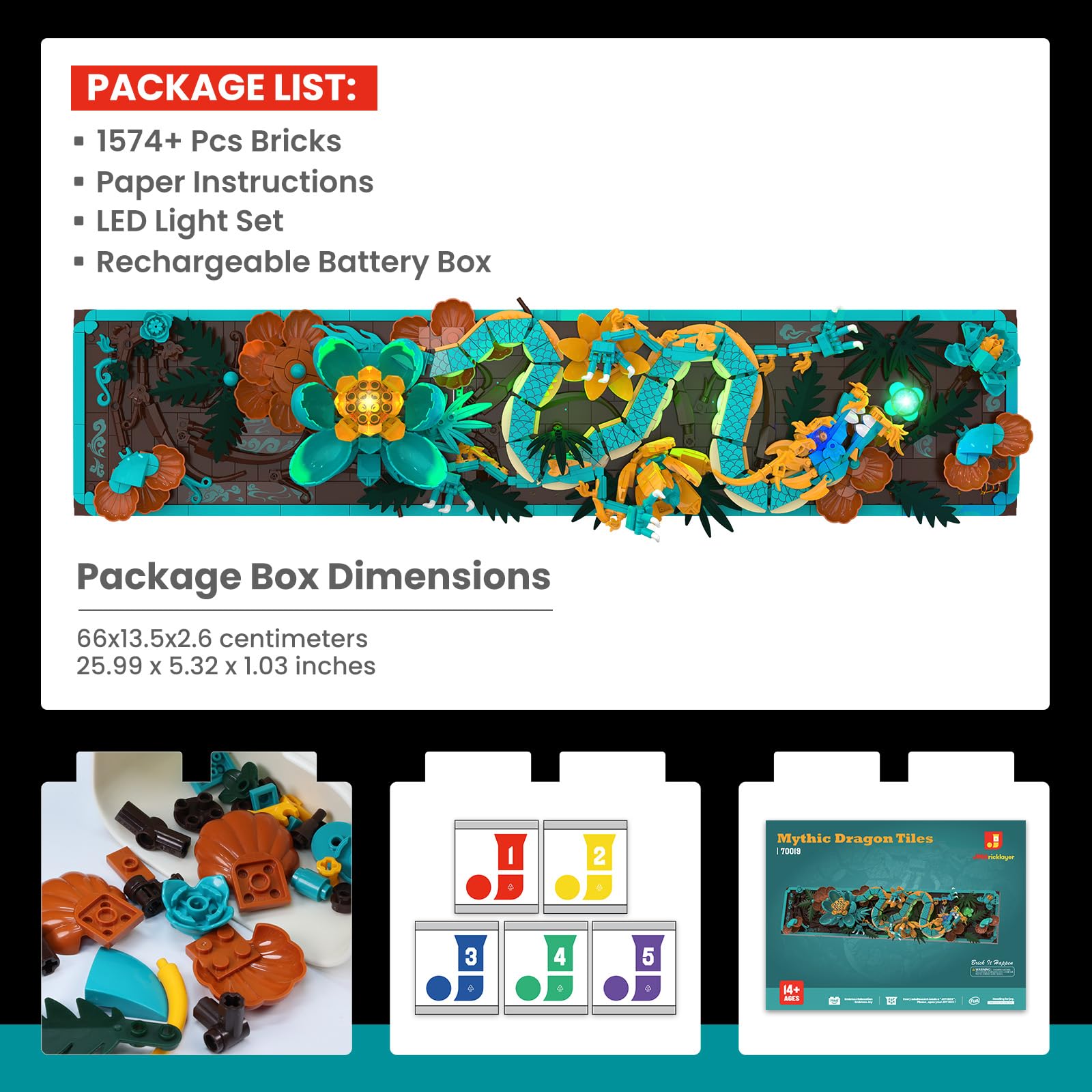 JMBricklayer Mythische Drachen Fliesen Bauspielzeug mit Licht 70019, 3D Art Zuhause Büro Wanddeko Drache Tisch Deko Bauset, Dragon Blume Bilder Wandkunst Klemmbausteine Geschenk für Erwachsene
