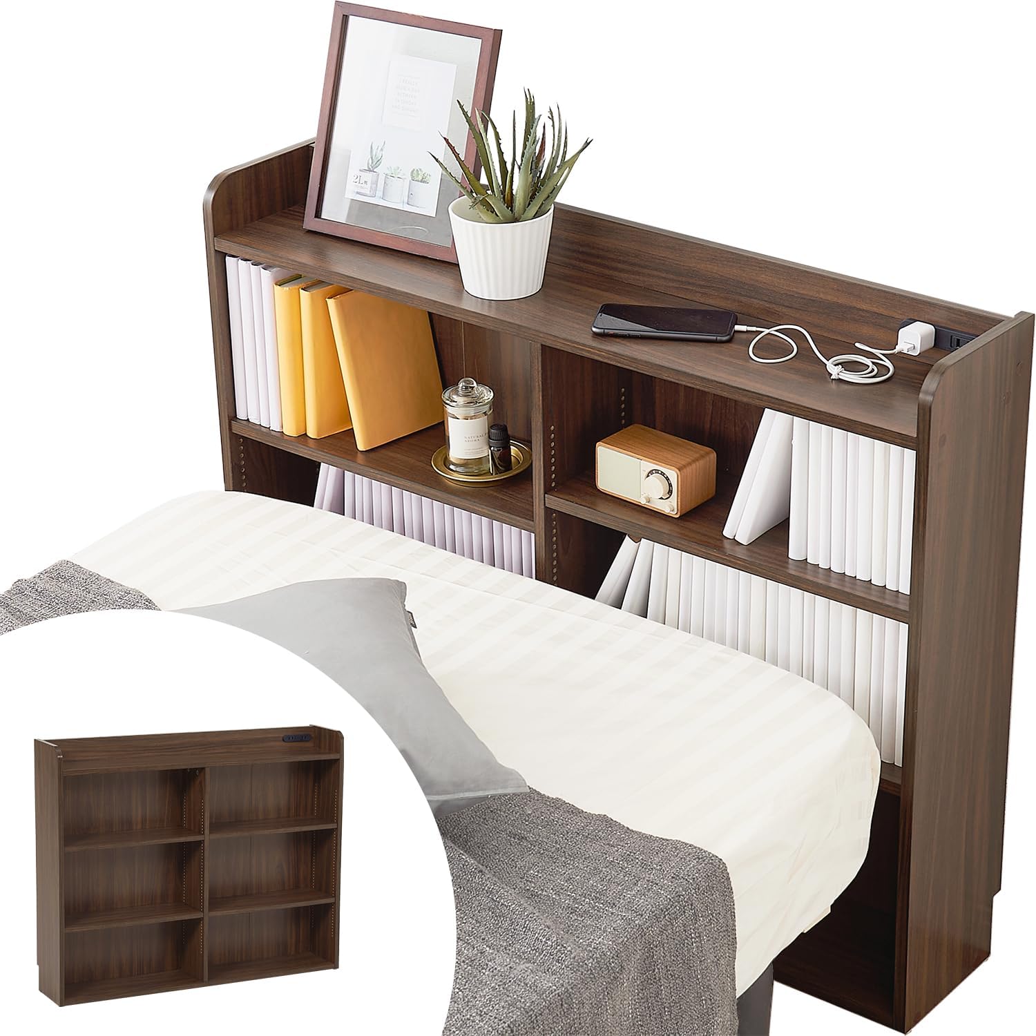 Hagihara RHB-1925BR Headboard, Retrofitable, Book, Storage, Large Capacity, Single Size, Shelf, Palace, Wall Storage, Thin, 1500W, 2 Outlets, Brown, Brown