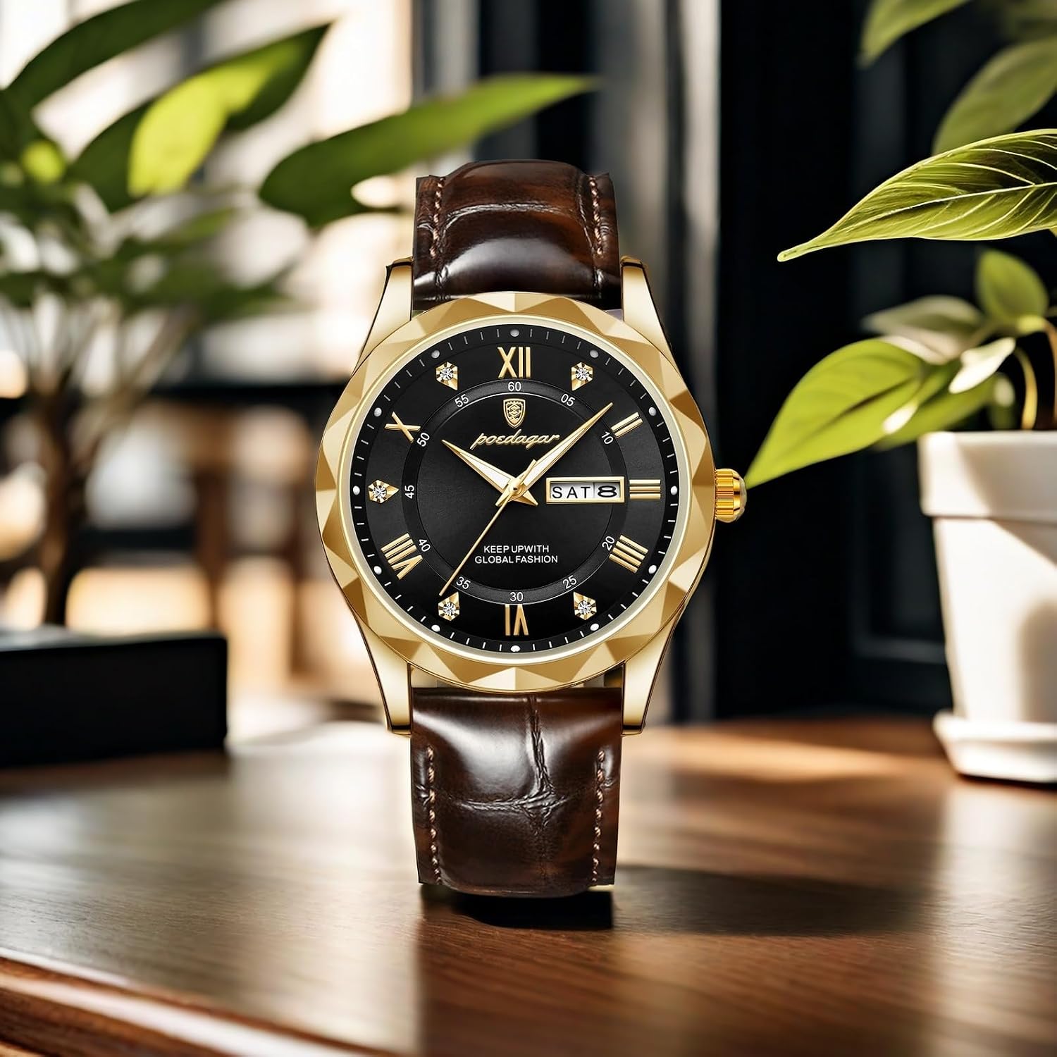 Gosasa Fashion Men's Business Casual Quartz Luminous Waterproof Date Wristwatch with Leather Strap