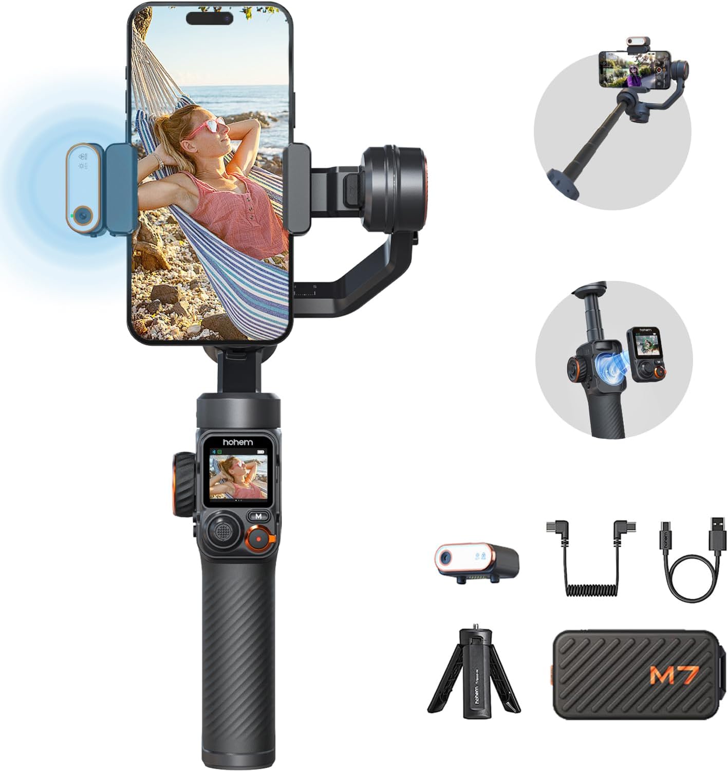 hohem iSteady M7 Gimbal Stabiliser for Smartphone w/AI Tracker, Removable Controller, 500g Payload Gimbal Stabiliser for iPhone Android, 1.4 Inch Touchscreen & Built-in Extension Rod