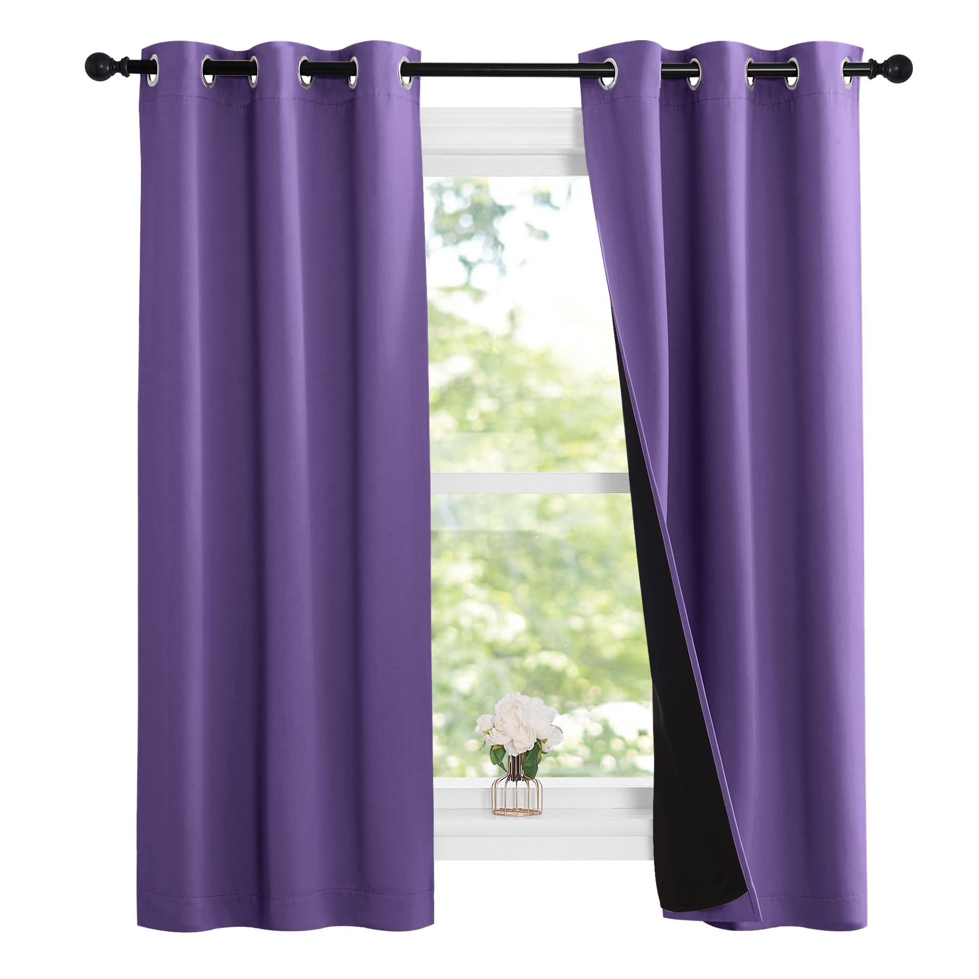 NICETOWN 100% Blackout Short Curtains with Black Liners, 2 Panels, 37" W by 60" L, Lilac Purple, Thermal Insulated Full Blackout 2-Layer Lined Drapes, Energy Efficiency Window Draperies for Bedroom