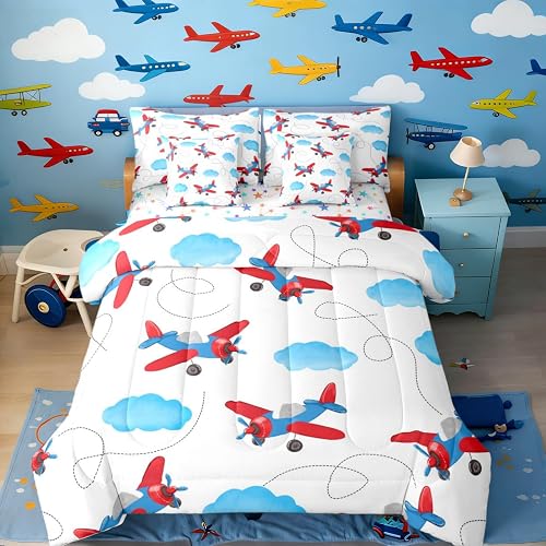 Erosebridal Cartoon Airplane 7 Piece Comforter Set Full Bed in A Bag,Colorful Ai
