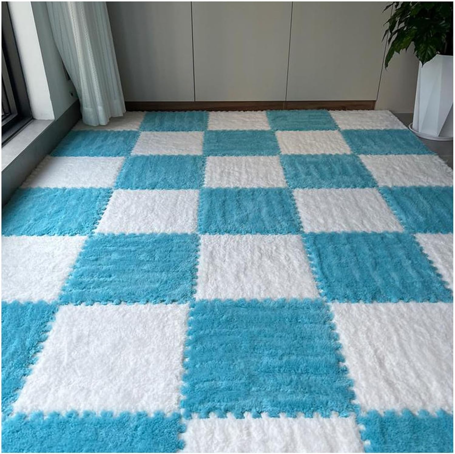 LoiYtrd Interlocking Carpet Tiles Soft EVA Foam Mats 10pcs 30x30x1cm Thickend Plush Puzzle Play Mat(White+Dark Blue)