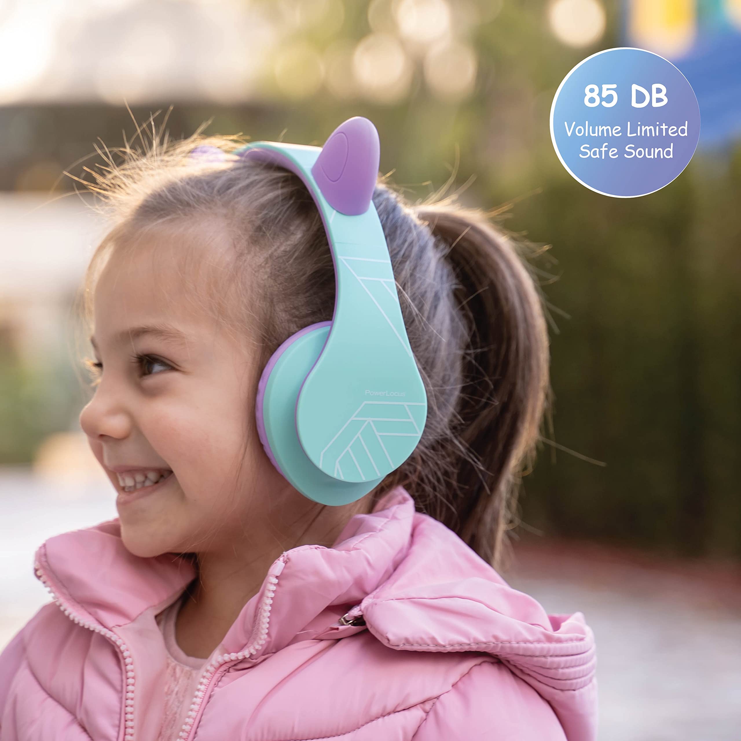 PowerLocus Dziecięce słuchawki douszne, Bluetooth z ograniczeniem głośności 85 dB, składane, z torbą do noszenia, bezprzewodowe słuchawki nauszne i kabel z mikrofonem, trybem micro SD do telefonu