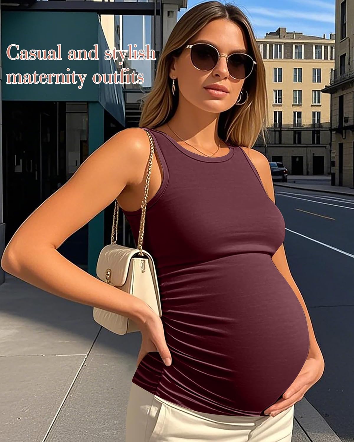 Ficerd 4 Pack Women's Maternity Tank Tops, Side Ruched Sleeveless Pregnancy Shirts Summer Comfy Round Neck Maternity Vest Tee - Image 2