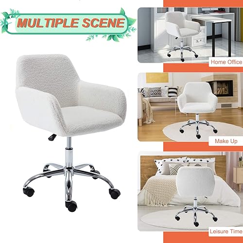 Miniatura 6 de Goujxcy Silla de tocador de piel sintética, elegante silla de tocador blanca esponjosa para niñas y mujeres, moderna silla tapizada para oficina en