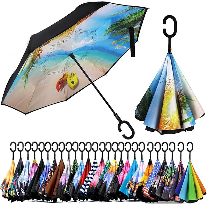 SIEPASA Inverted Reverse Upside Down Umbrella with C-Shaped Handle, Anti-UV Waterproof Windproof Rain Umbrella for Women and Men.