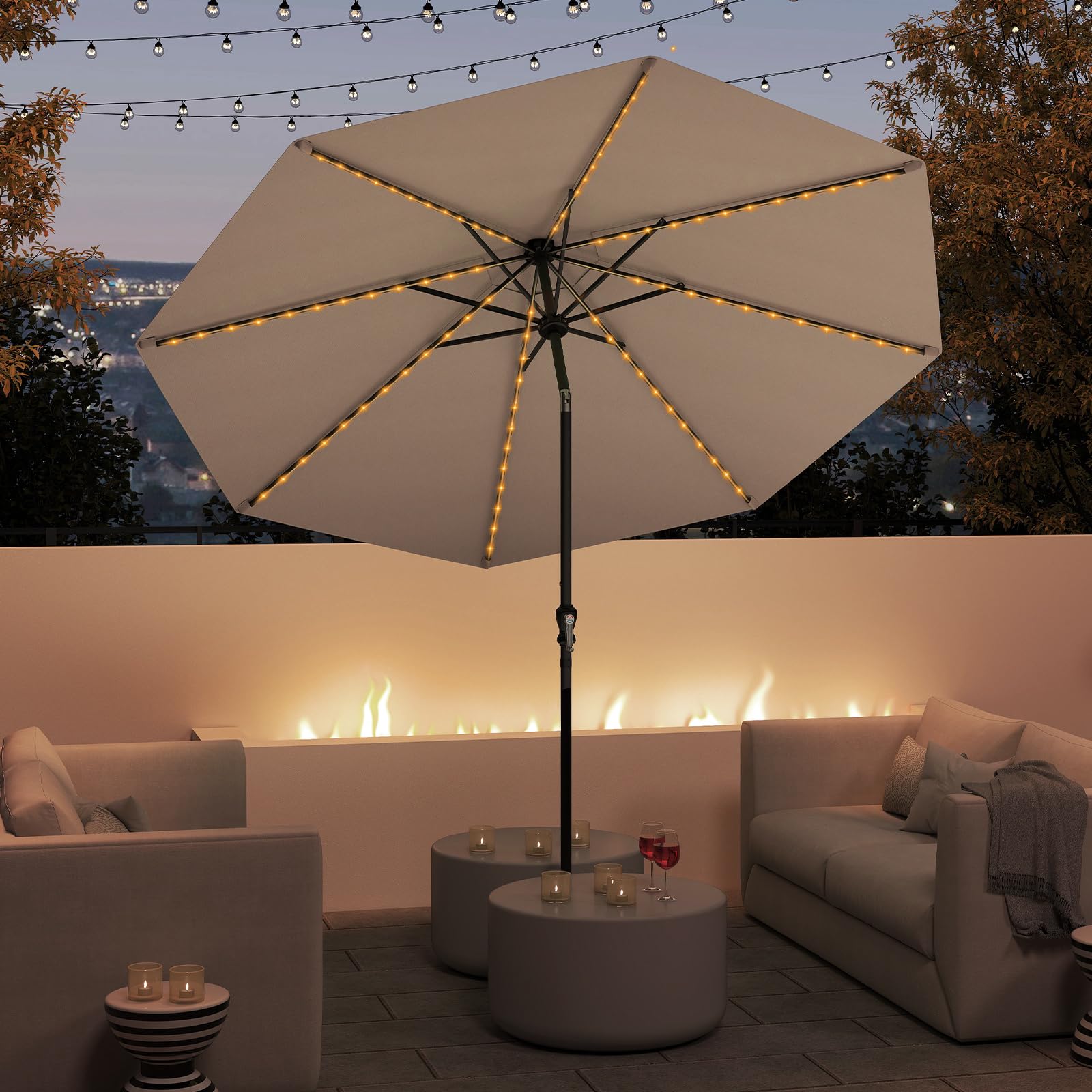 COSTWAY Ombrellone da Esterno 288 cm, con 96 Luci LED, Ombrellone Giardino con Inclinazione Regolabile, Manovella, 8 Stecche e Top Ventilato, Parasole da Mercato per Giardino Spiaggia (Marrone)